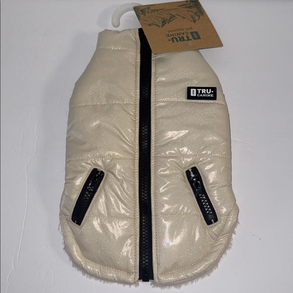 NWT Tru-Canine Pet Cream Sparkle Zip Up Faux Fur Lined Puffer Dog Jacket Sz XS